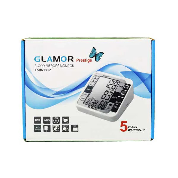 فشارسنج بازویی دیجیتال گلامور مدل TMB-1112 دو کاربره با حافظه 250 رکورد، تشخیص آریتمی، فناوری WMI، منبع انرژی برق و باتری، کاف فنری و ساده برای بازوی 22 تا 42 سانتیمتر، نمایش میانگین نتایج و خاموشی خودکار