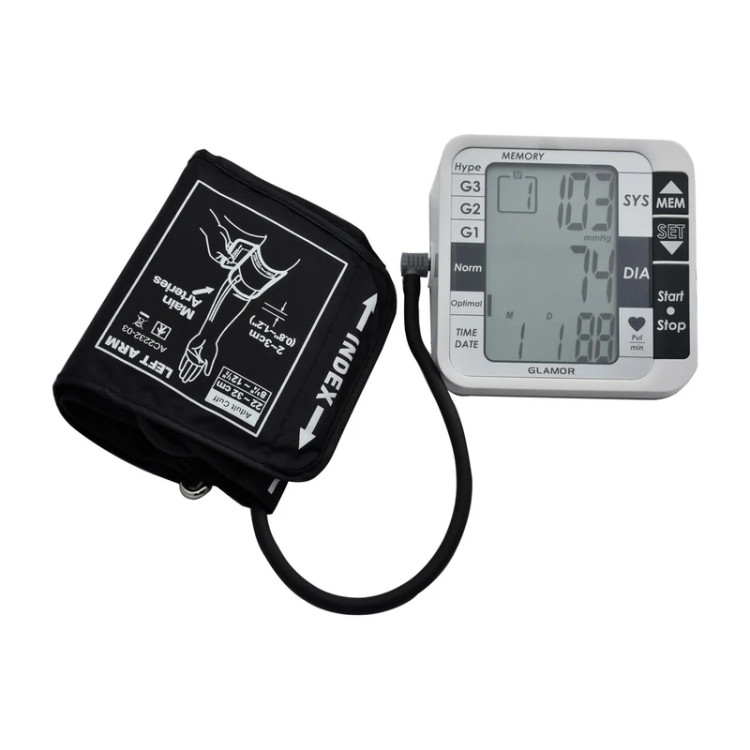 فشارسنج بازویی دیجیتال گلامور مدل TMB-1112 دو کاربره با حافظه 250 رکورد، تشخیص آریتمی، فناوری WMI، منبع انرژی برق و باتری، کاف فنری و ساده برای بازوی 22 تا 42 سانتیمتر، نمایش میانگین نتایج و خاموشی خودکار